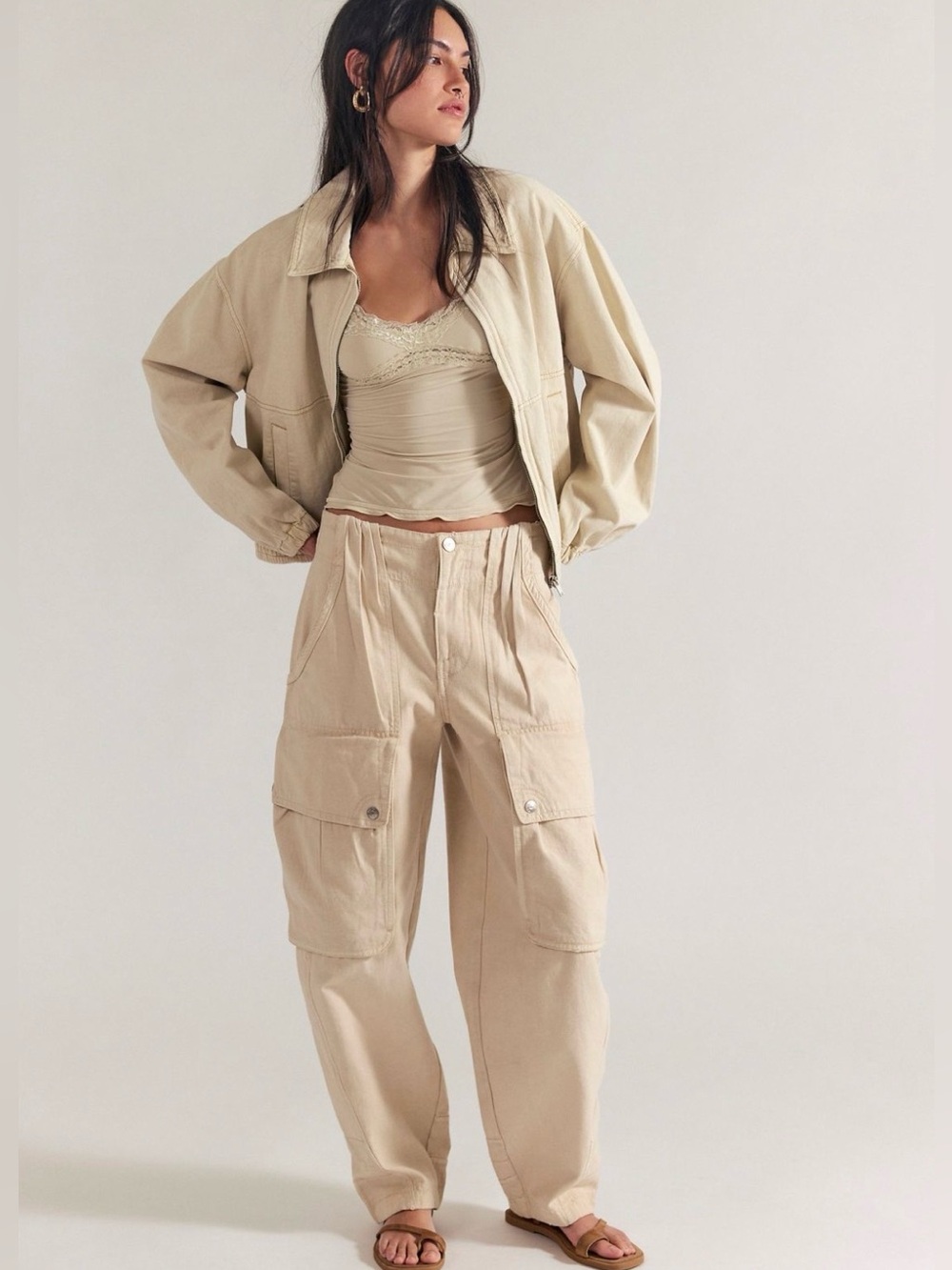 NWT Free People We The Free Brentwood Slouchy Cargo Pants Morning Oat US SIZE 6